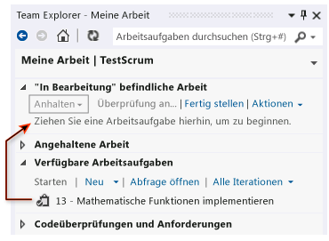 Aufgabenplanungsliste auf der Seite „Meine Arbeit“ in Team Navigator