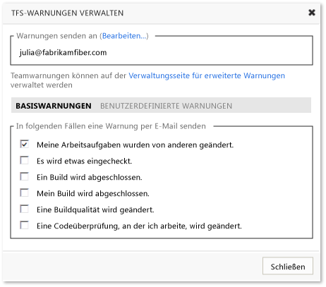 TFS-Warnungen verwalten