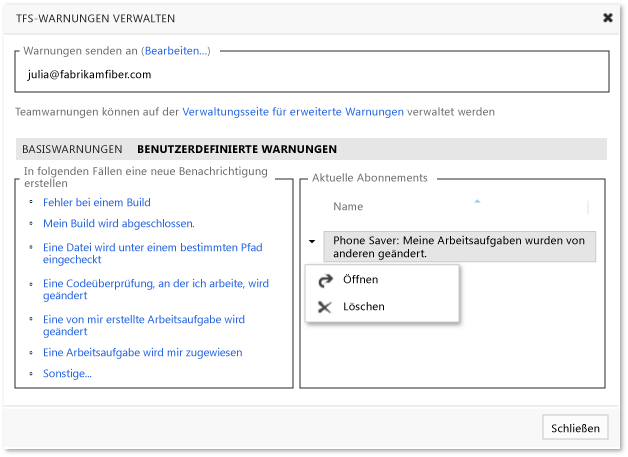 Einzelne benutzerdefinierte TFS-Warnungen verwalten