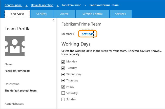 Team settings page for default working days