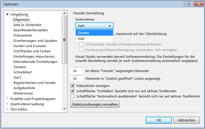 Dunkles Farbschema ausgewählt