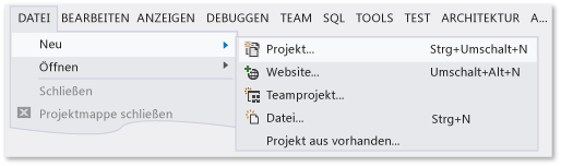 Wählen Sie auf der Menüleiste "Datei", "Neu", "Projekt" aus.