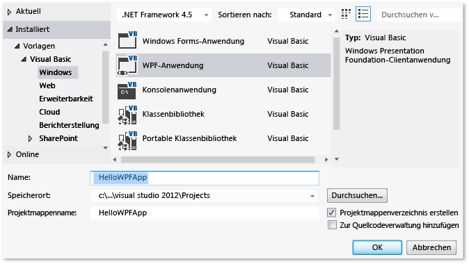 "Visual Basic WPF Project, HelloWPFApp" erstellen