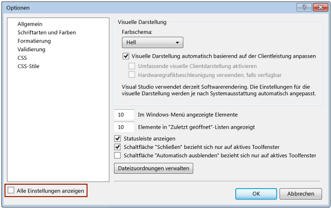 Dialogfeld "Optionen" mit Option "Alle Einstellungen anzeigen"