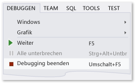 Befehl "Debugging beenden" im Menü "Debuggen"