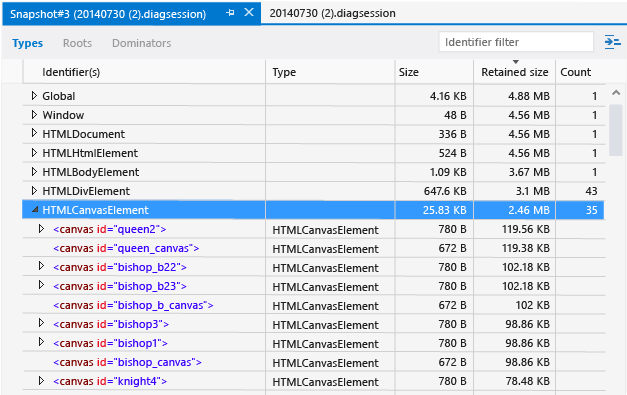 Snapshot details view showing potential issues