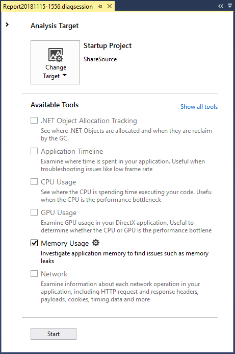 Start a Memory Usage diagnostic session