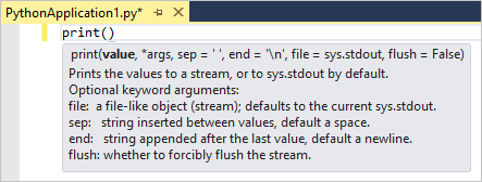 IntelliSense auto-completion popup for a function