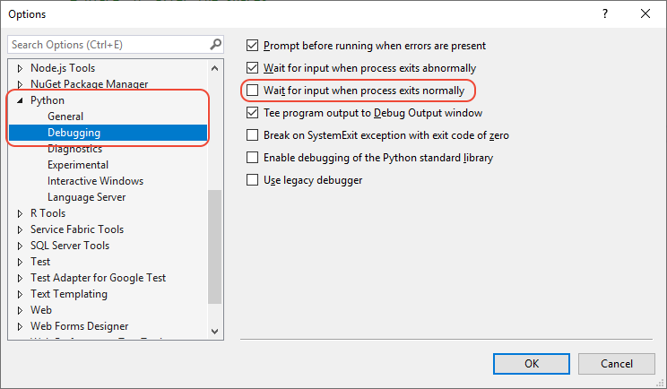 Python debugging option to close the output window on normal program exit