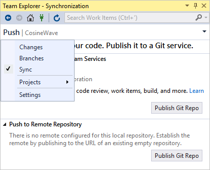 Team Explorer in Visual Studio after creating a local repository