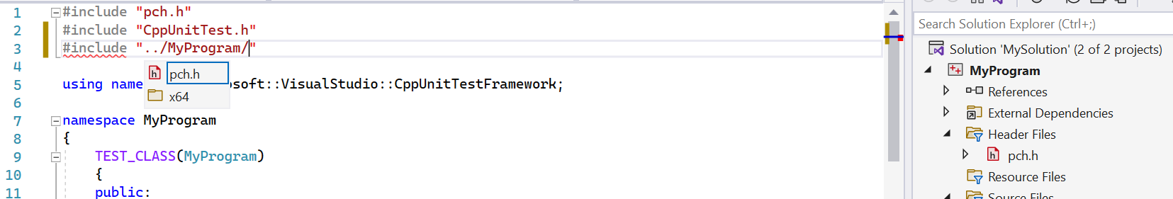 Screenshot of the Solution Explorer showing an #include directive being added with IntelliSense highlighting a header file for inclusion.