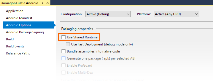 Deaktivieren von „Shared Runtime verwenden“
