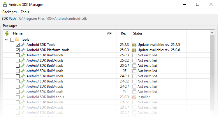 Beispielhafter Screenshot des Google Android SDK-Managers