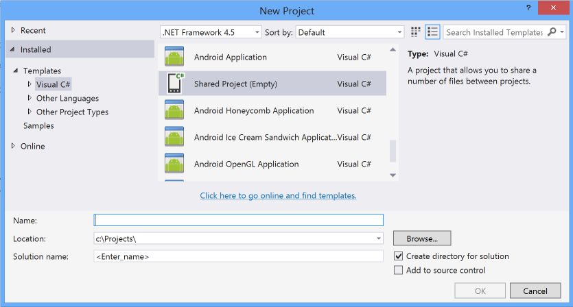 Freigegebene Projektvorlage in Visual Studio 2017