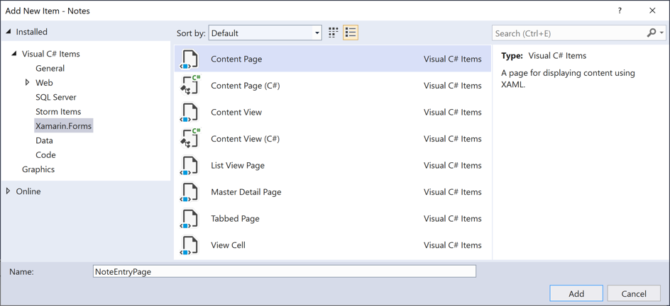 Hinzufügen eines Xamarin.Forms-ContentPage-Elements