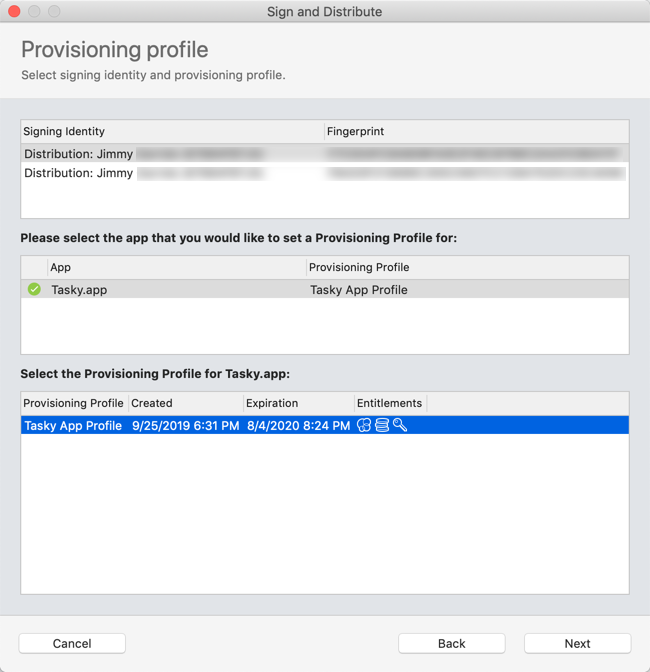Screenshot: Seite des Assistenten des Bereitstellungsprofils mit einer gültigen Signierungsidentität, einer App und einer Auswahl des Bereitstellungsprofils