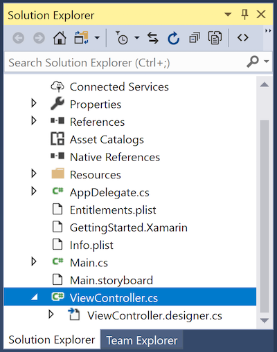 Die beiden Dateien, aus denen die ViewController-Klasse besteht: ViewController.cs und ViewController.designer.cs