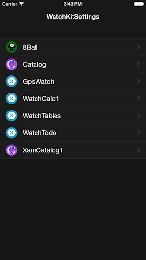 Screenshot zeigt WatchKitSettings in der App.