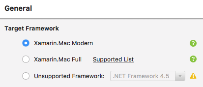 Zielframeworkoptionen für Xamarin.Mac