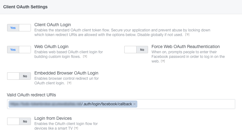 Facebook Login OAuth Einstellungen