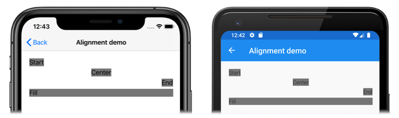 Screenshot eines StackLayout-Layouts mit festgelegten Ausrichtungsoptionen