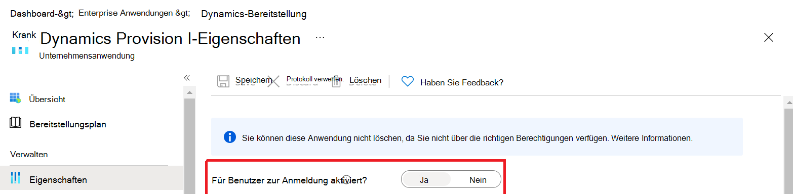 Der Bildschirm, auf dem der Benutzer sicherstellt, dass die Benutzeranmeldung für Dynamics Provision aktiviert ist.