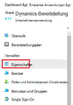 Der Bildschirm, auf dem die Option Eigenschaften für Dynamics-Bereitstellung angezeigt wird.