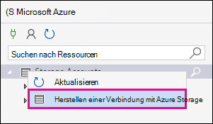 Klicken Sie mit der rechten Maustaste auf Speicherkonten, und wählen Sie dann Mit Azure Storage verbinden aus.