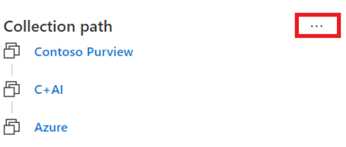 Screenshot des Ressourcenfensters im Microsoft Purview-Governanceportal mit hervorgehobenem Sammlungspfad und der Schaltfläche mit den Auslassungspunkten neben ausgewähltem Sammlungspfad.