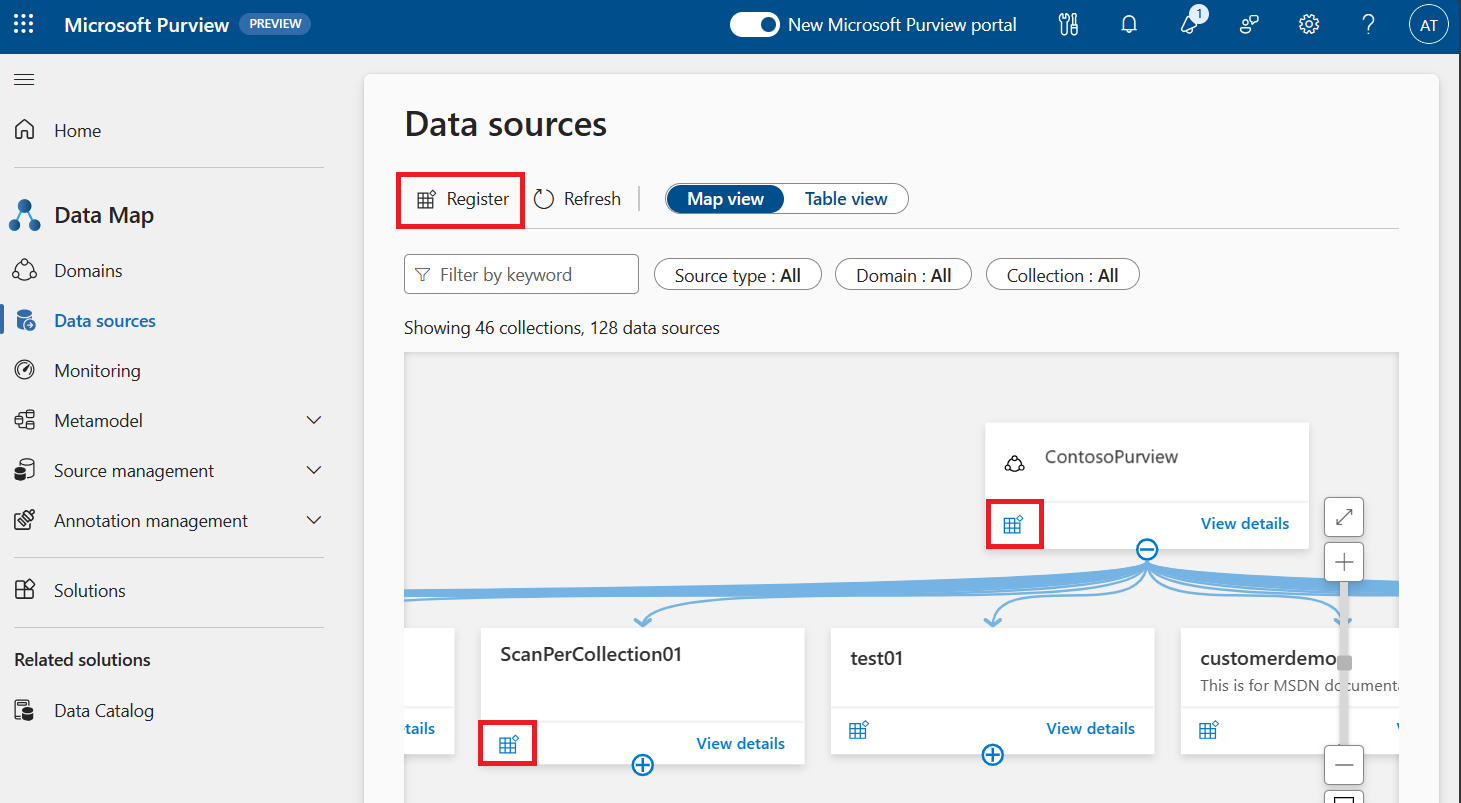 Screenshot des Microsoft Purview Data Map mit hervorgehobenen Registrierungsschaltflächen über der Karte und auf zwei der Sammlungskarten.