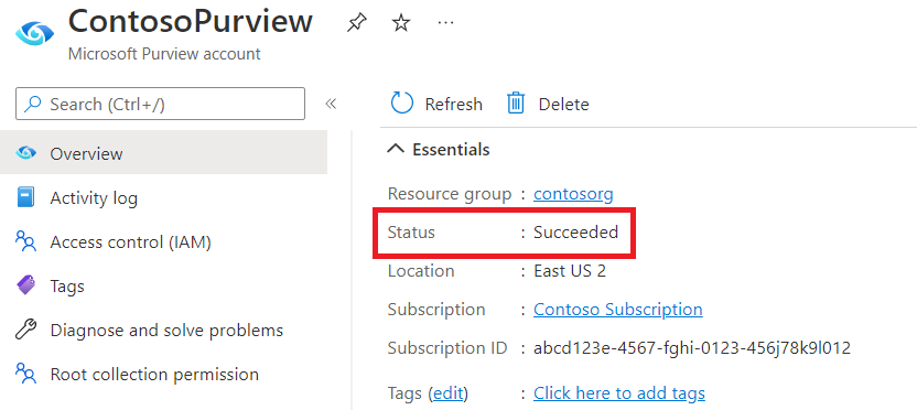 Screenshot des Microsoft Purview-Kontos im Azure-Portal mit hervorgehobenem Status auf der Registerkarte 