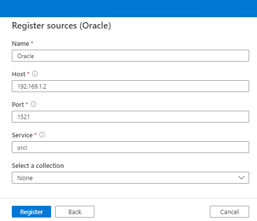 Screenshot der Optionen zum Registrieren von Oracle-Quellen.