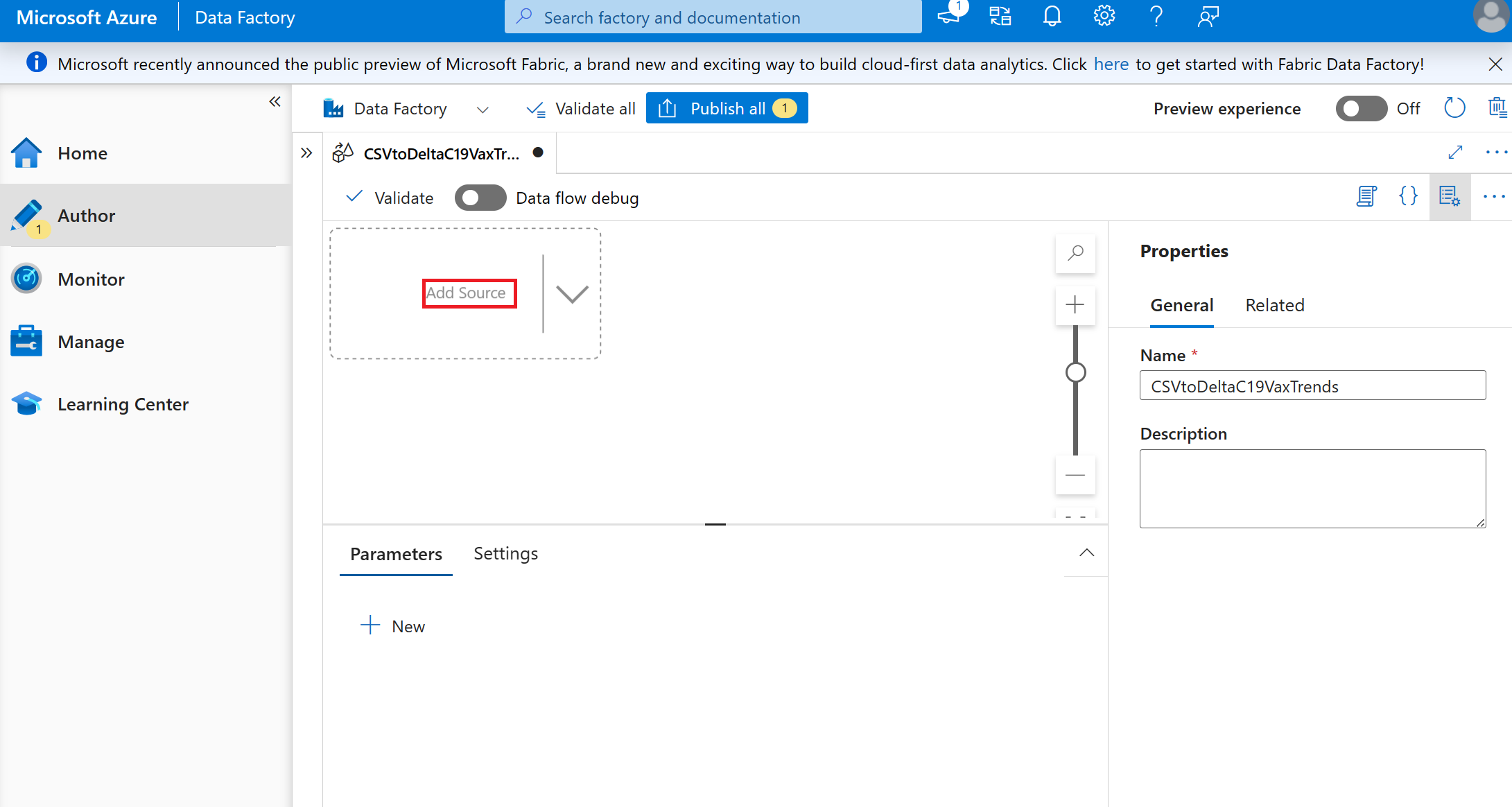 Screenshot: Hinzufügen einer Datenquelle für den Dataflow