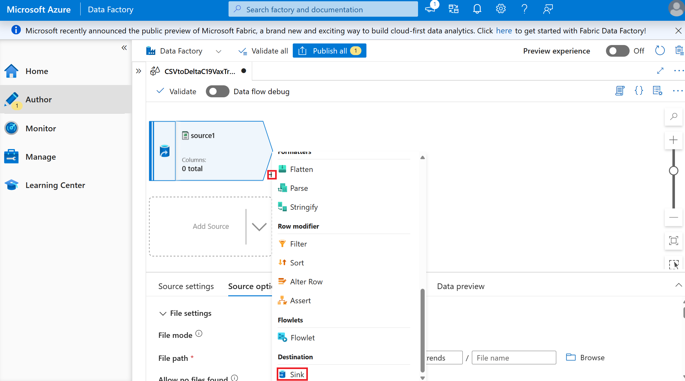 Screenshot: Erstellen einer Senke für den Dataflow