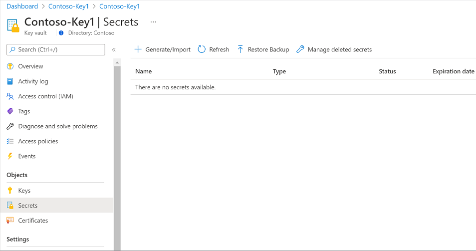 Screenshot: Navigieren zu Azure Key Vault und Generieren eines Geheimnisses