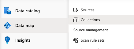Screenshot des linken Menüs des Microsoft Purview-Governanceportals. Die Registerkarte Data Map ist ausgewählt, und dann ist die Registerkarte Sammlungen ausgewählt.