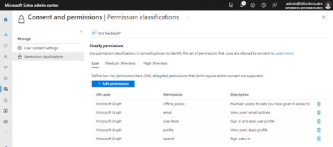 Screenshot von „Berechtigungsklassifizierungen“ im Microsoft Entra Admin Center zum Konfigurieren von Berechtigungsklassifizierungen, die eine Benutzereinwilligung zulassen