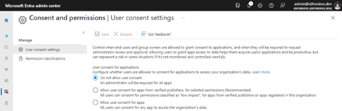 Screenshot von „Benutzereinwilligungseinstellungen“ im Microsoft Entra Admin Center zum Konfigurieren der Einwilligung für Anwendungen zum Zugriff auf Organisationsdaten