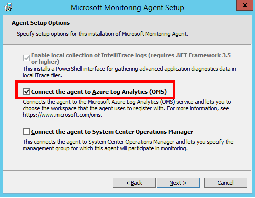 Das Setup-Fenster des Microsoft Monitoring Agent, in dem die Option „Agent mit Azure Log Analytics OMS verbinden“ ausgewählt ist.