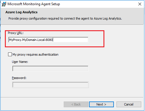 Das Setup-Fenster des Microsoft Monitoring Agent, in dem das Feld „Proxy URL“ mit den Proxy-Server-Informationen ausgefüllt ist.