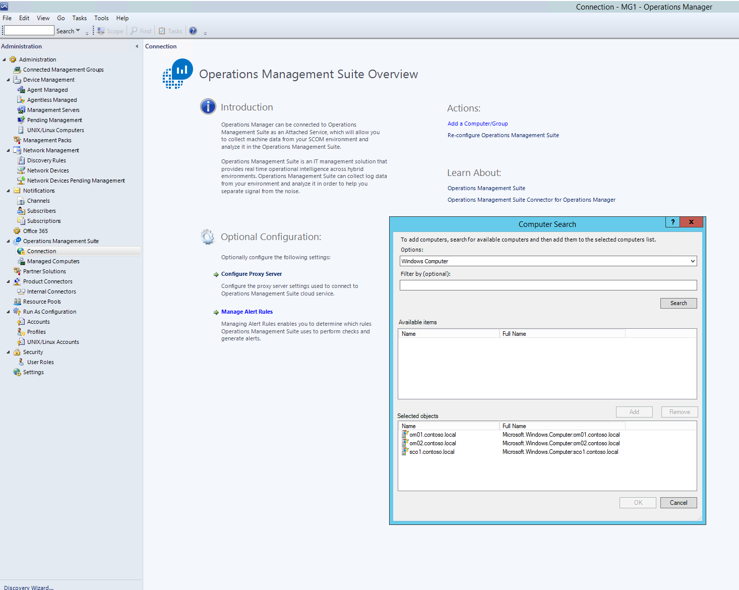 Hinzufügen von Computern mit der SCOM-Verwaltungskonsole