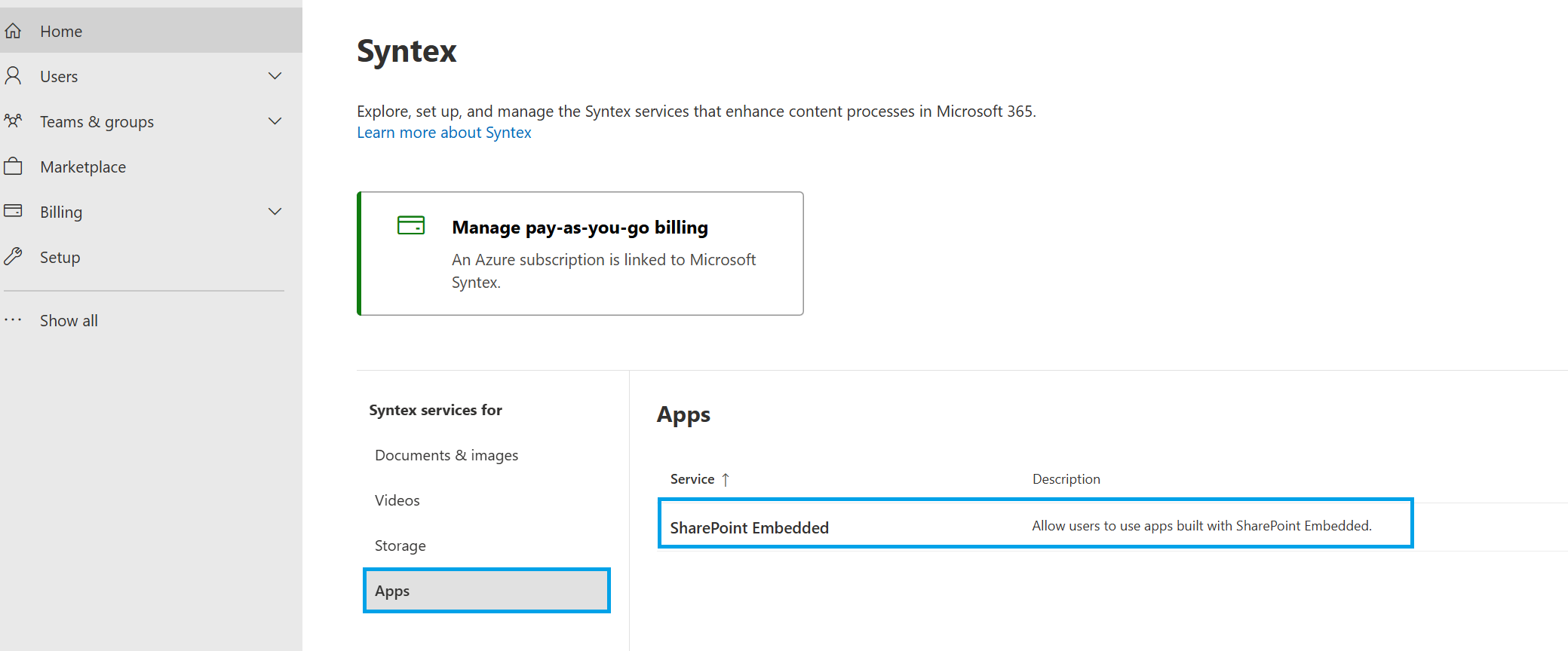 Microsoft 365 Admin Center SharePoint Embedded Billing-Einstellung