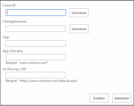 Das Formular auf der Seite „AppRegNew“ mit Feldern für die Client-ID, den geheimen Clientschlüssel, den Titel, die App-Domäne und die Umleitungs-URL. Neben den ersten beiden werden Schaltflächen namens „Generieren“ angezeigt. In der Ecke befinden sich Schaltflächen „Erstellen“ und „Abbrechen“.
