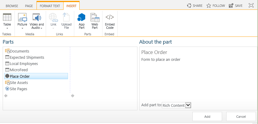 Webpart-Einfügesteuerelement von SharePoint. Der Teil mit dem Namen 