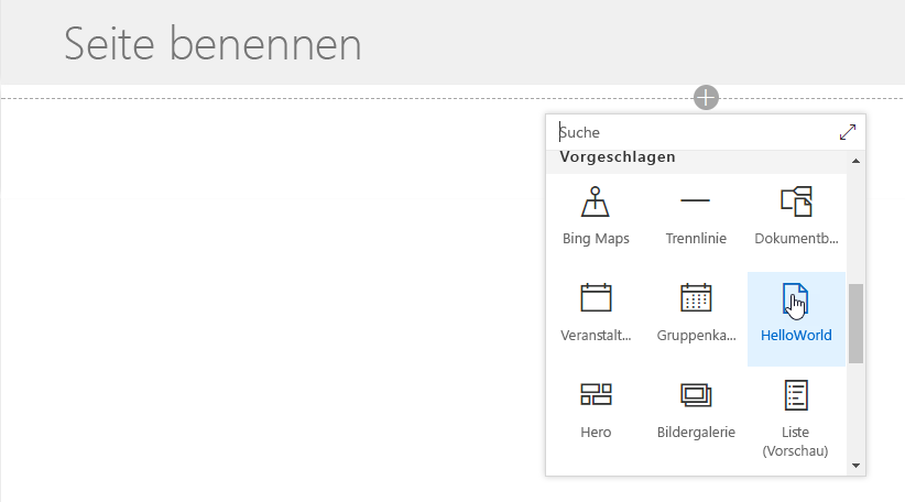 HelloWorld-Webpart in der Webpartauswahl für die moderne Seite