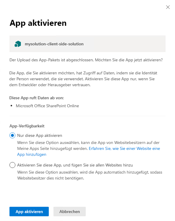 Im App-Katalog angezeigtes Installationspopup für die SPFx-Lösung