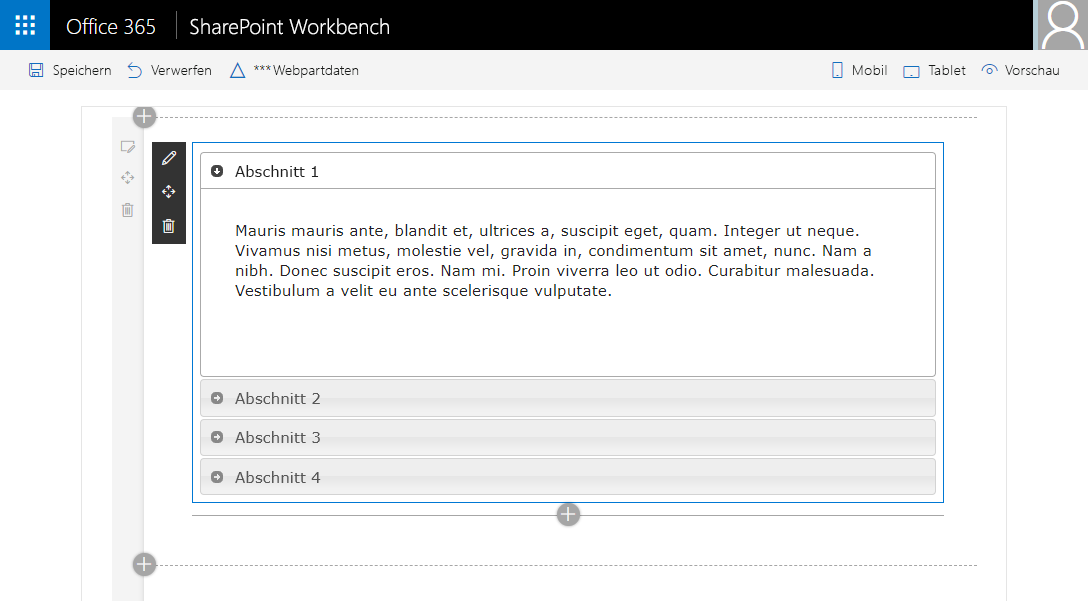 Screenshot eines Webparts, das ein jQuery Accordion umfasst