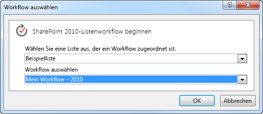 Auswählen eines Workflows basierend auf der 2010-Plattform