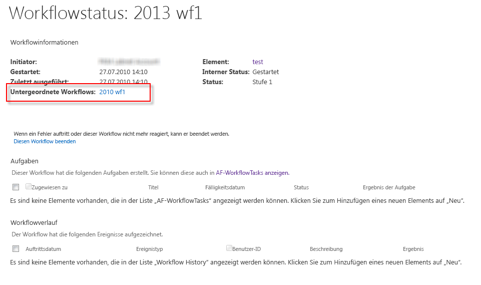 Auf der Workflowstatusseite sind die Unterworkflows aufgeführt.
