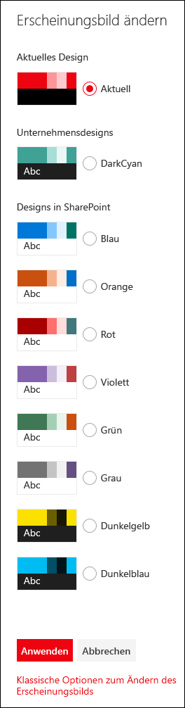 Abbildung mit einer Liste von Standarddesigns und dunklen Designs (invertiert)